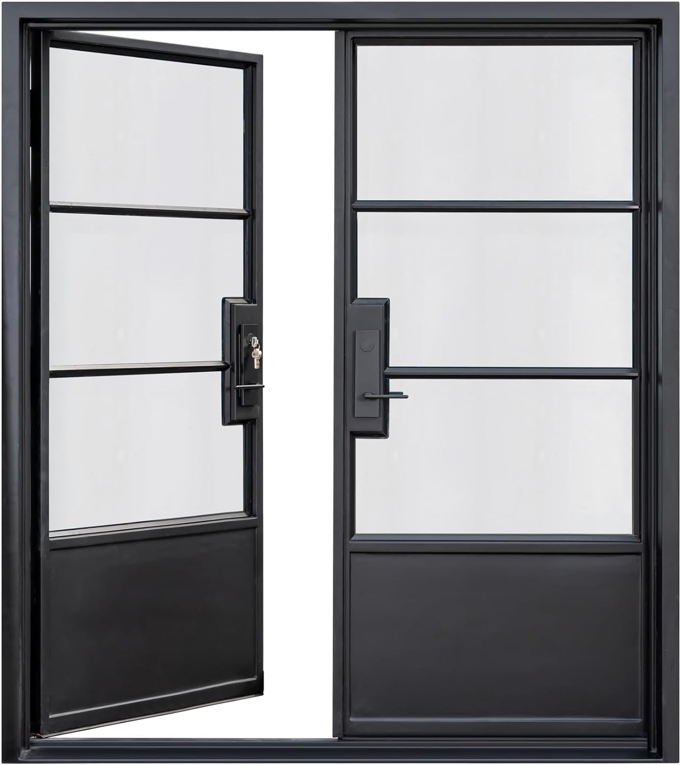 HR 72x81 Left Inswing Matte Black French Iron Double Door | 3-Lite with kickplate Steel Entryway | Complete with Handle and Lock | Modern Front View Design.