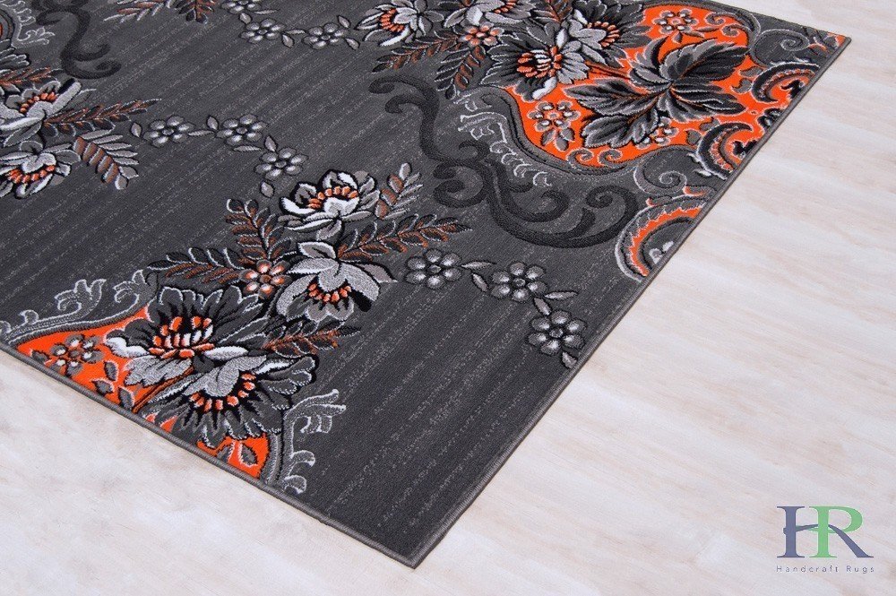 Orange/Grey/Silver/Black/Abstract Area Rug Floral Pattern