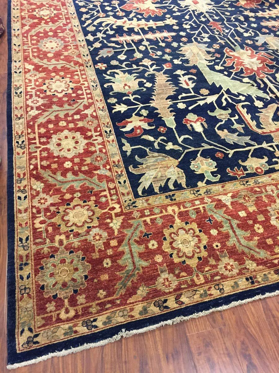 Hand Knotted Pakistani Rug-Ziegler-Navy Blue/Red/Multi-(18.3 by 11.6 Feet)