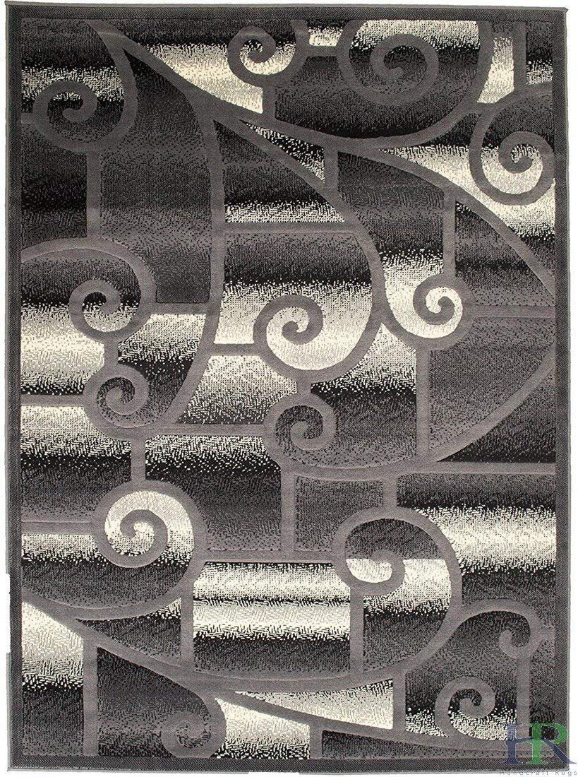 HR-Contemporary Living Room Rugs-Abstract Carpet with Geometric Swirls Pattern-Gray/Black/White/Ivory (5'2"x 7'2")