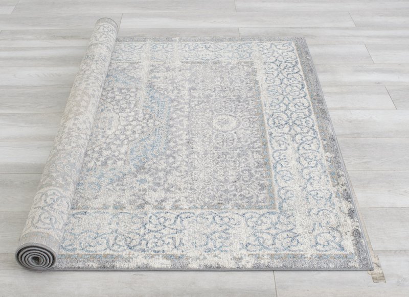 Silver/Ash Gray/Ivory/Light Blue-Faded, Oriental Distressed – Modern Vintage Design– Abstract, Persian Rug