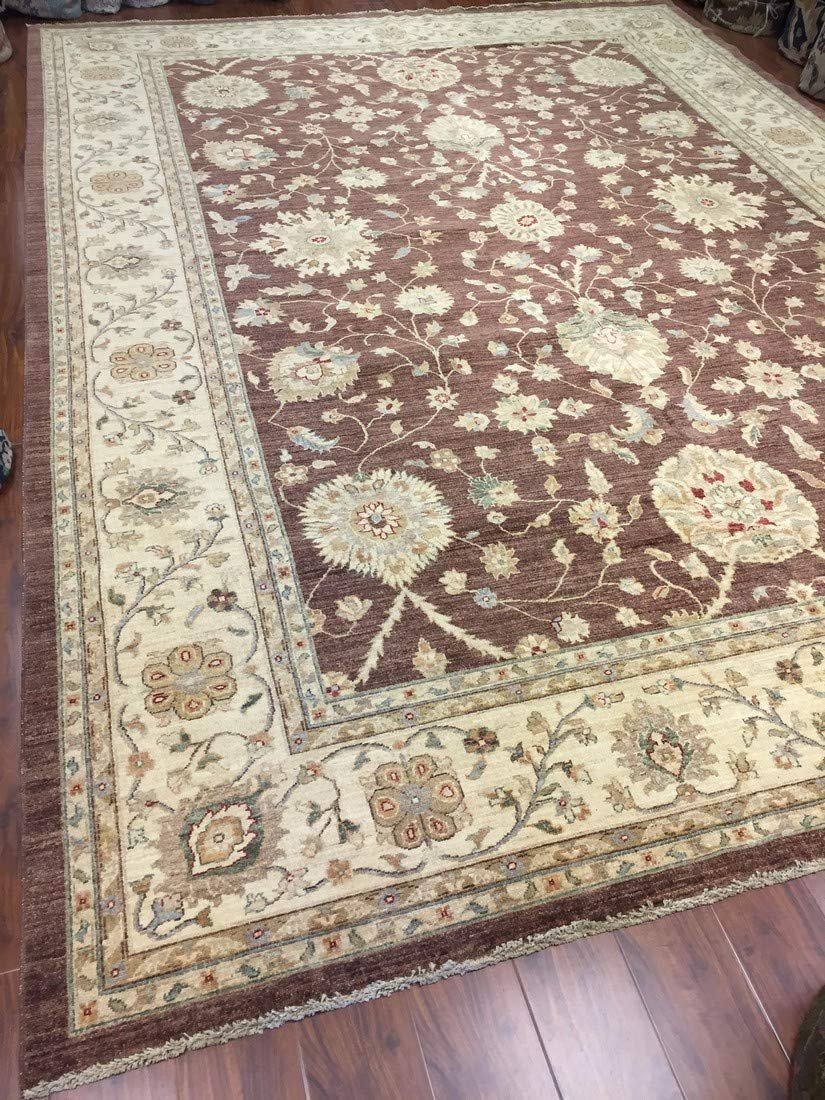 Authentic Handmade fine Pakistan Rug-Real Wool Allover Stone Washed-Chocolate/Beige-(10 by 14 Feet)