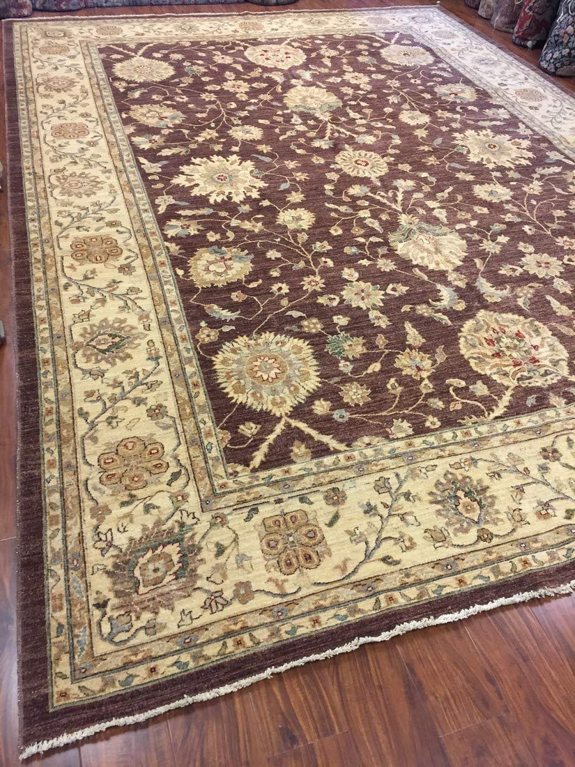 Authentic Handmade fine Pakistan Rug-Real Wool Allover Stone Washed-Chocolate/Beige-(10 by 14 Feet)