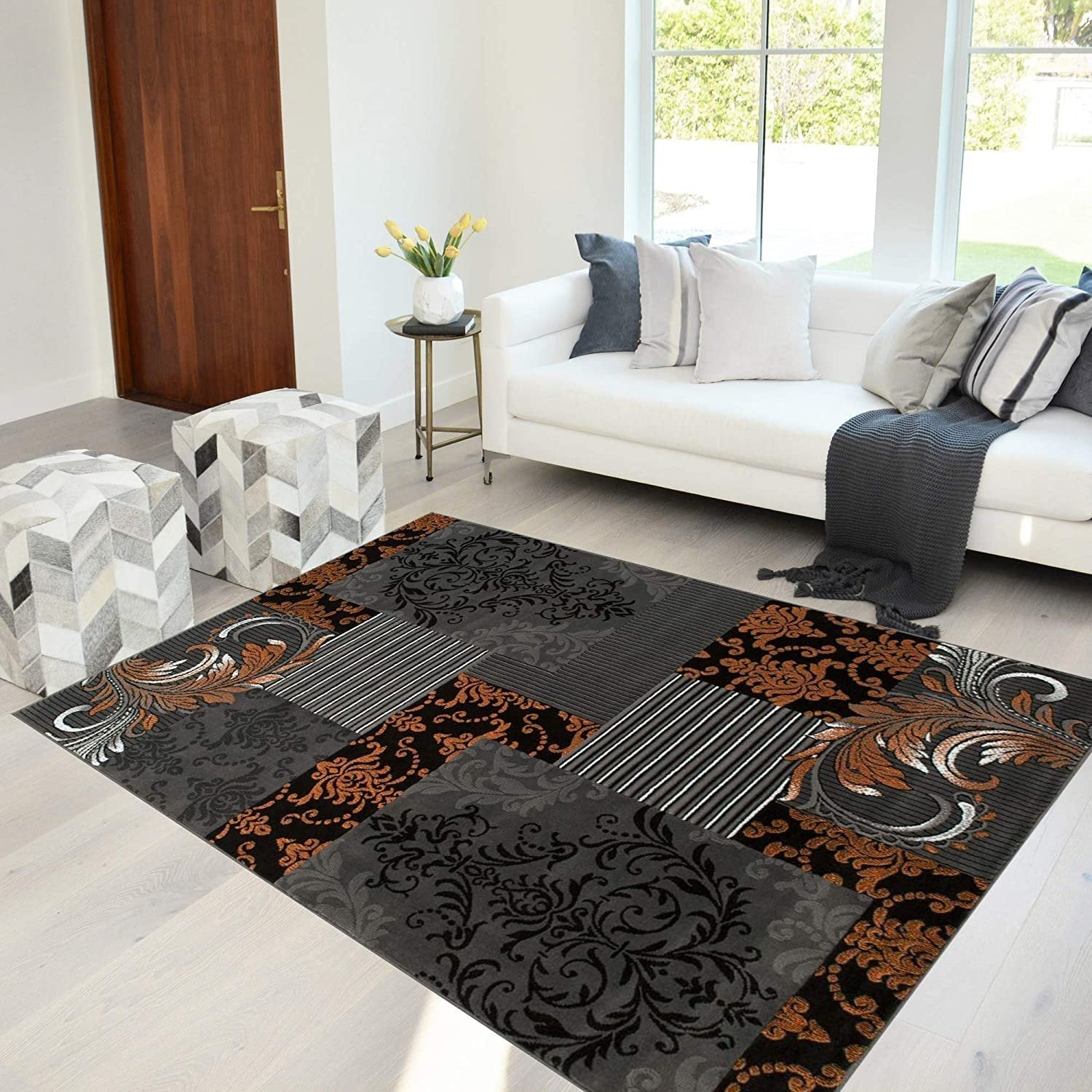 Orange Gray Silver Black Abstract Area Rug Modernpatchwork Pattern Frloral (5' x 7')