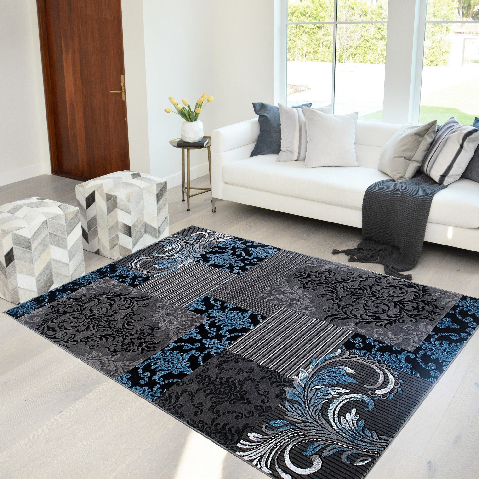 Blue Gray Silver Black Abstract Area Rug Modernpatchwork Pattern Frloral (5' x 7')