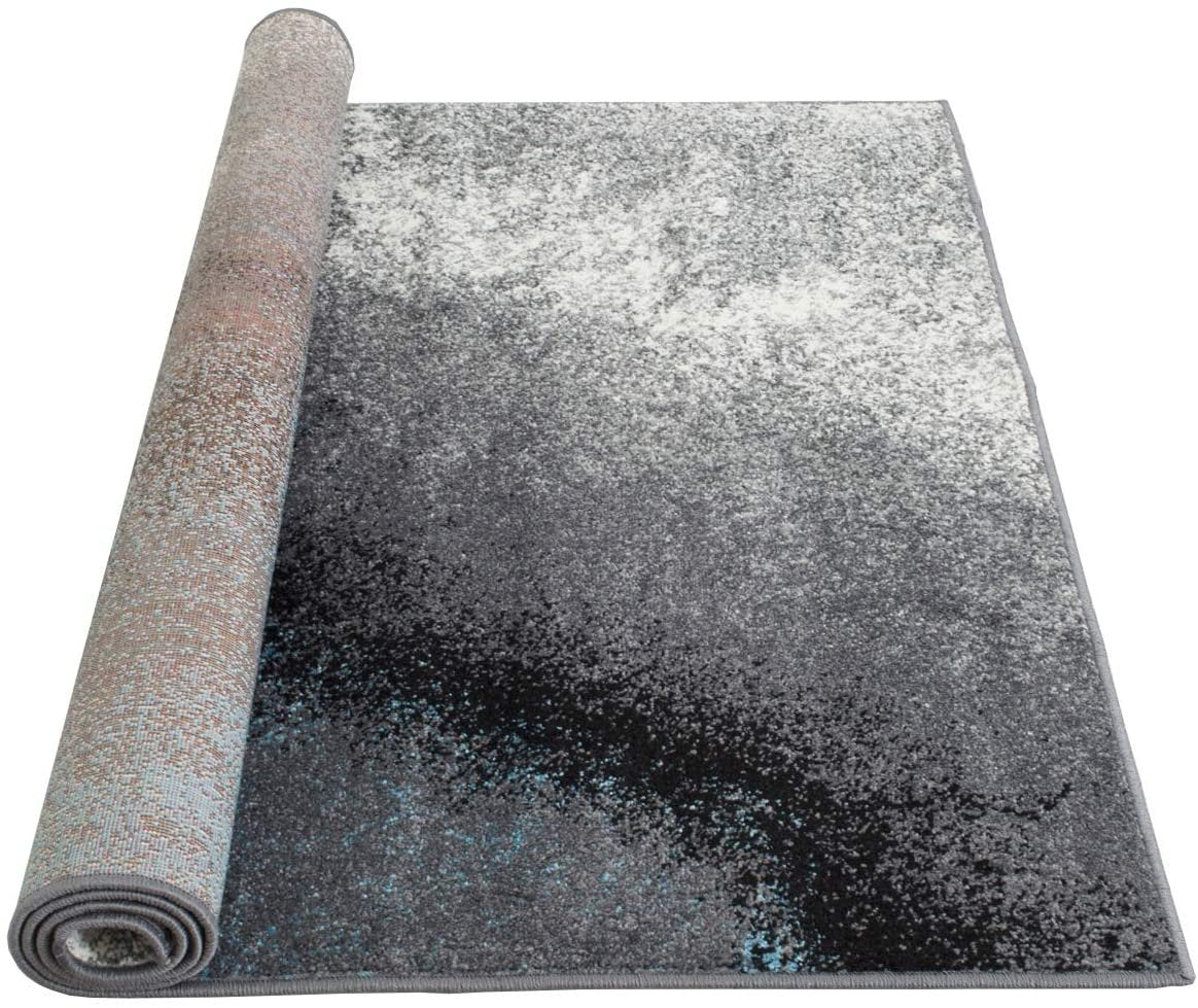 HR - 5’ X 7' Abstract Distressed Color Rugs Modern, Blue Silver Black Gray