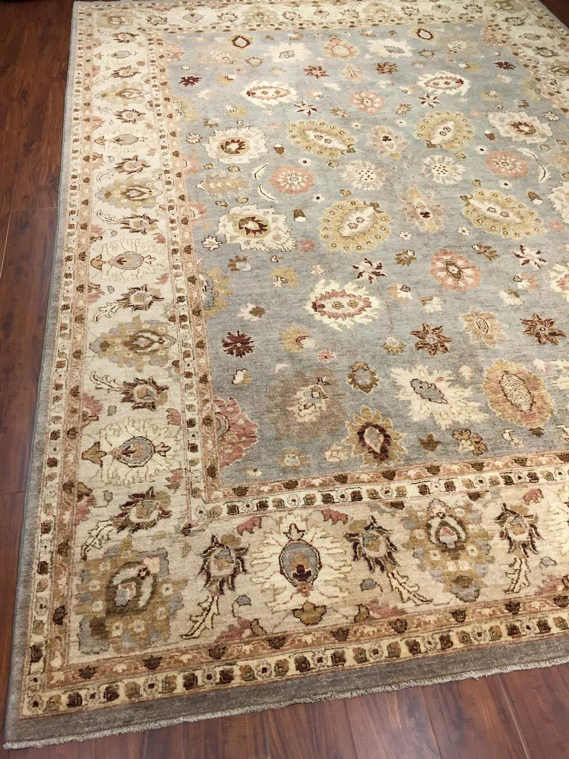 Authentic Handmade fine Pakistani Rug-Wool Allover/Floral Pattern-Gray/Beige-(8.7 by 12.7 Feet)