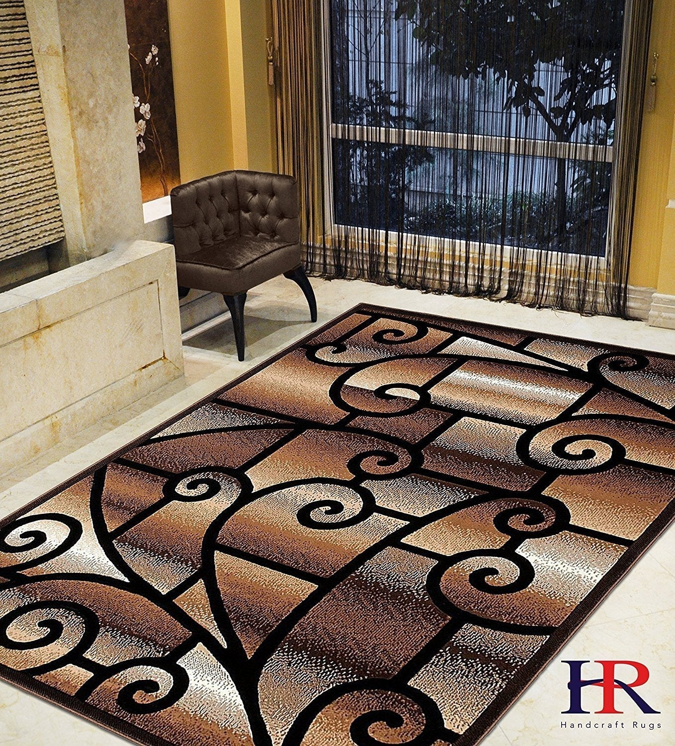HR-Modern Living Room Rugs-Abstract Carpet with Geometric Swirls Pattern-Brown/Beige/Ivory/Chocolate (2'x7')