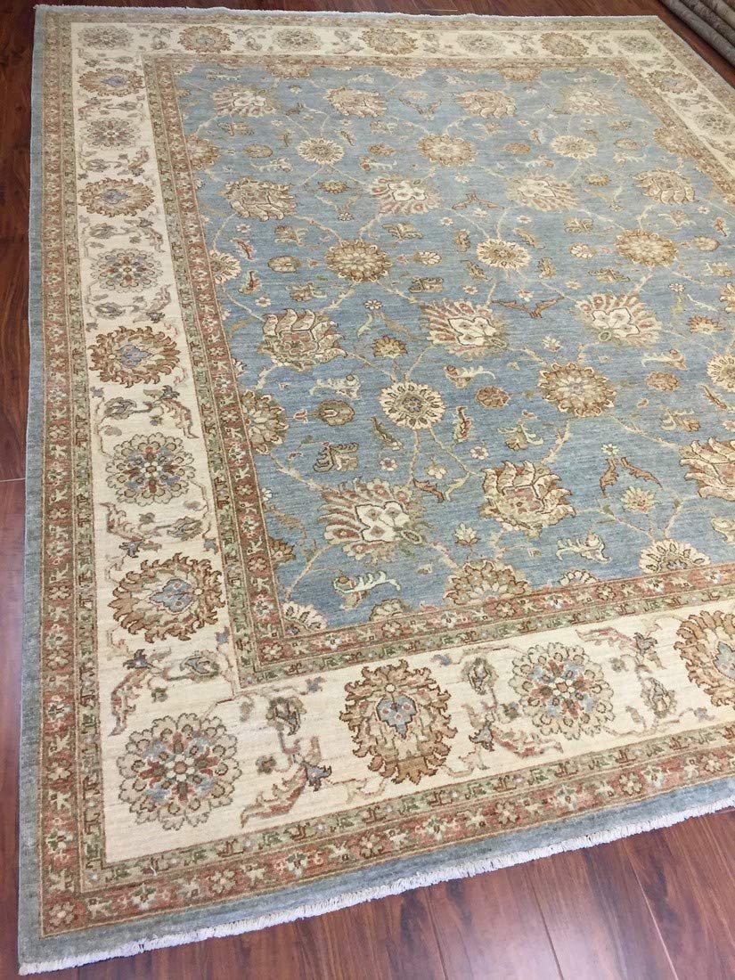 Authentic Handmade fine Pakistan Rug-Real Wool Allover Stone Washed-Sky Gray/Beige-(8.1 by 9.9 Feet)