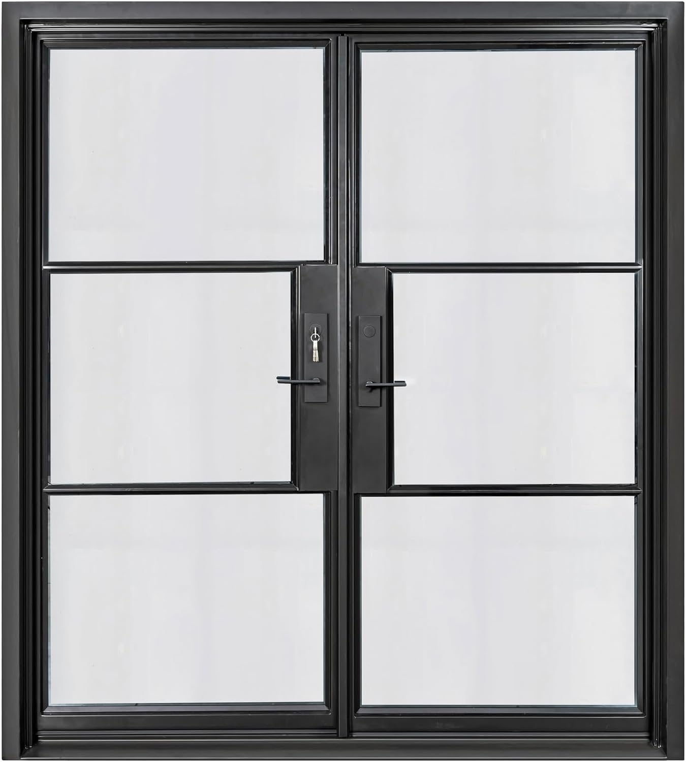HR Left Hand Inswing Entryway 72x81 Matte Black French Iron Double Door Made of Steel | 3-Lite with kickplate | Complete with Handle and Lock | Modern Front View Design.