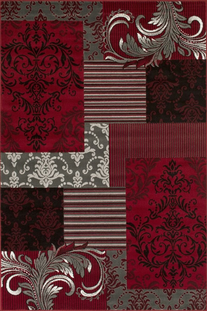Red Gray Silver Black Abstract Area Rug Modernpatchwork Pattern Frloral (5' x 7')