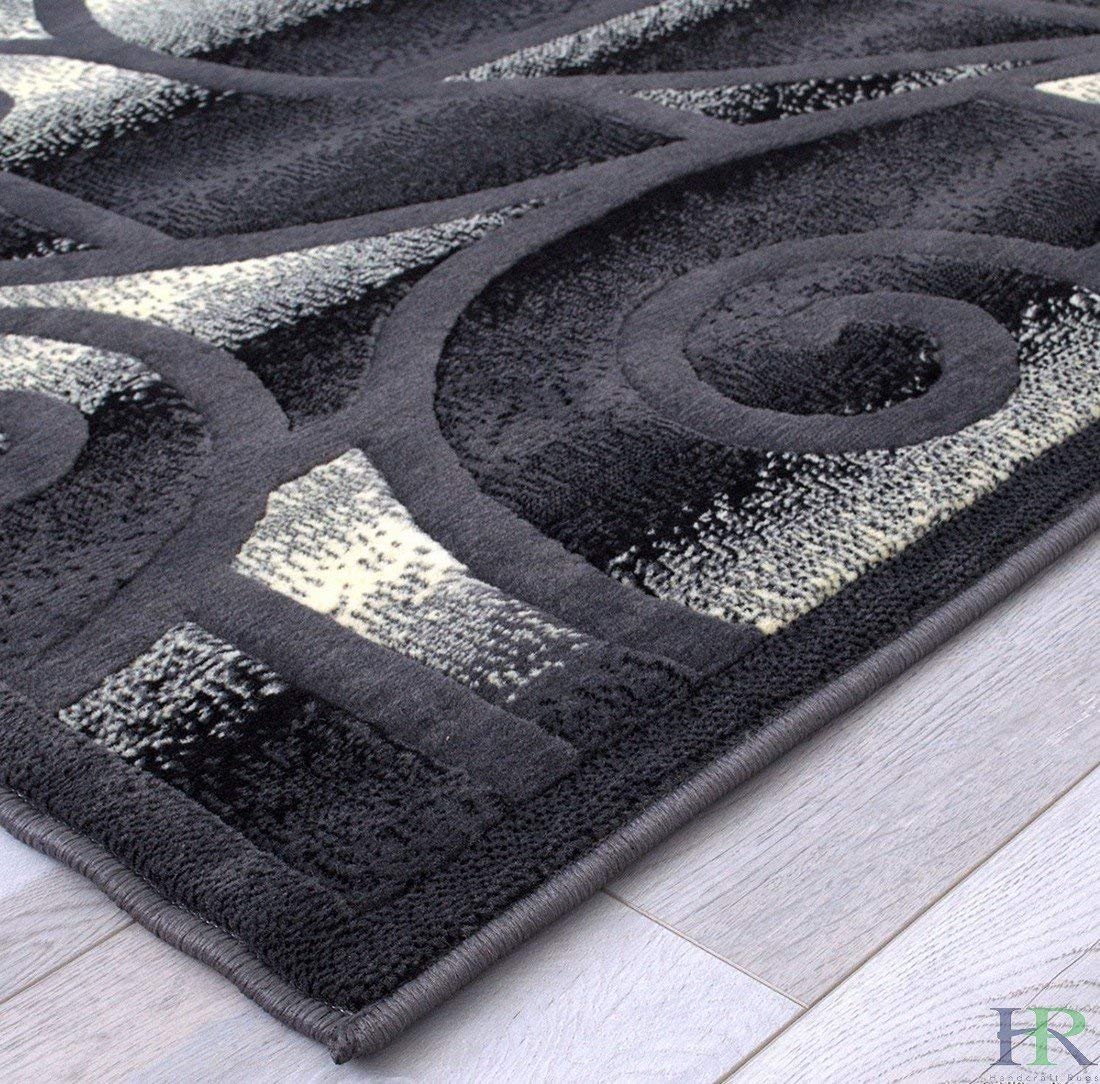 HR-Contemporary Living Room Rugs-Abstract Carpet with Geometric Swirls Pattern-Gray/Black/White/Ivory (5'2"x 7'2")