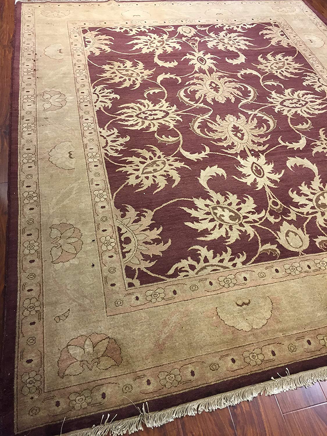 Authentic Handmade fine Pakistan Rug-Real Wool Allover Floral Pattern Faded/Vintage-Chocolate/Beige-(7.11 by 9.8 Feet)