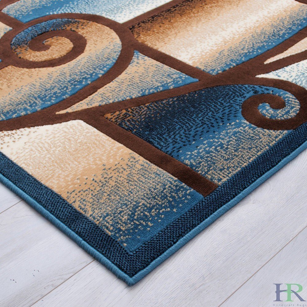 HR-Modern Living Room Rugs-Abstract Carpet with Geometric Swirls Pattern-Blue/Beige/Ivory/Chocolate (1'96"x 3'3")