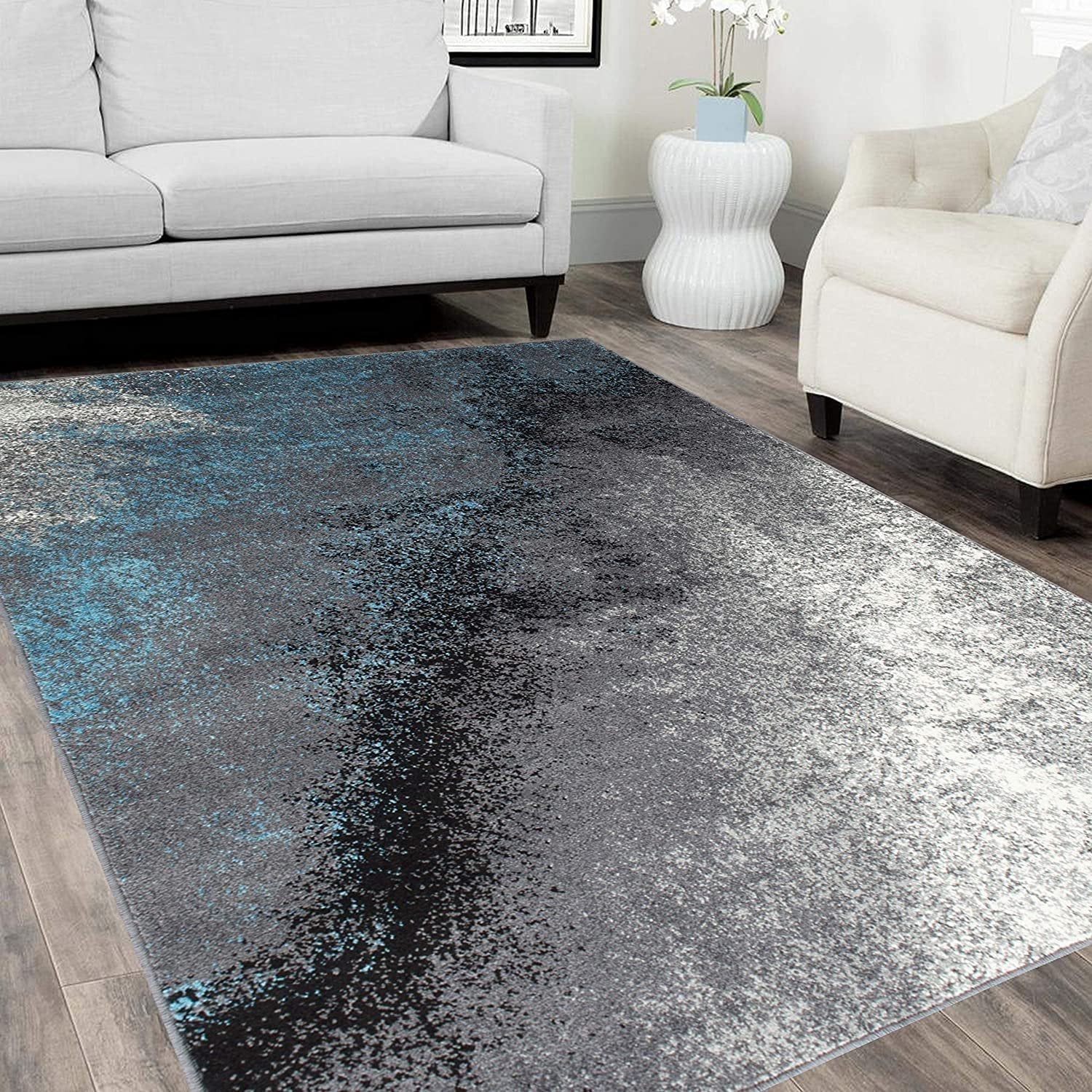 HR - 5’ X 7' Abstract Distressed Color Rugs Modern, Blue Silver Black Gray