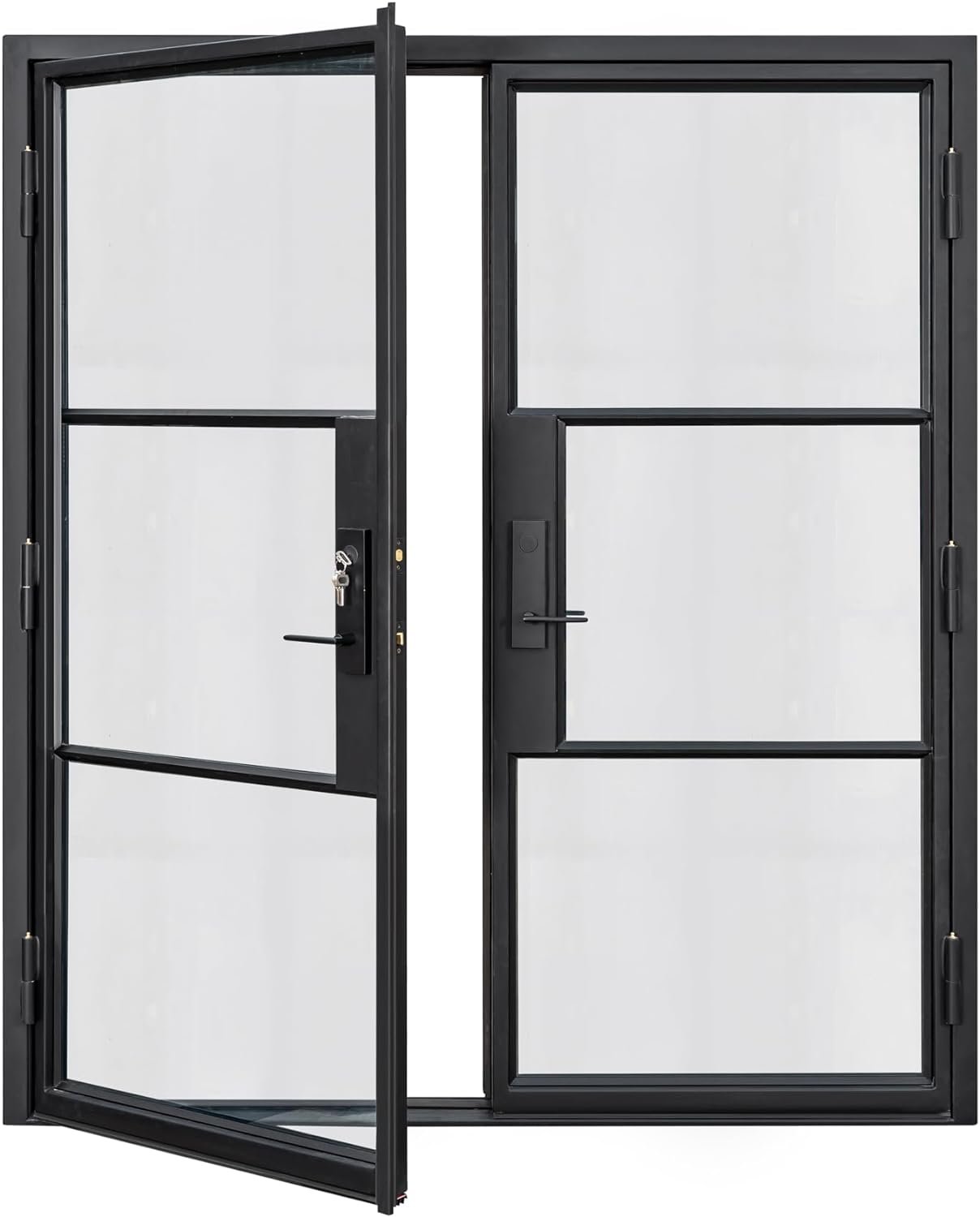 HR Left Hand Outswing Entryway 72x81 Matte Black French Iron Double Door Made of Steel | 3-Lite with kickplate | Complete with Handle and Lock | Modern Front View Design