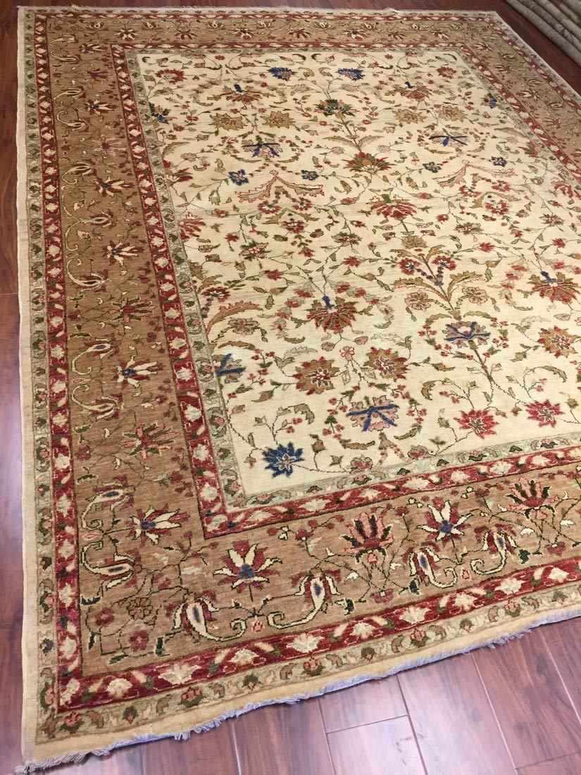 Authentic Handmade fine Pakistani Rug-Wool Allover/Floral Pattern-Beige/Multi-(8 by 10.3 Feet)