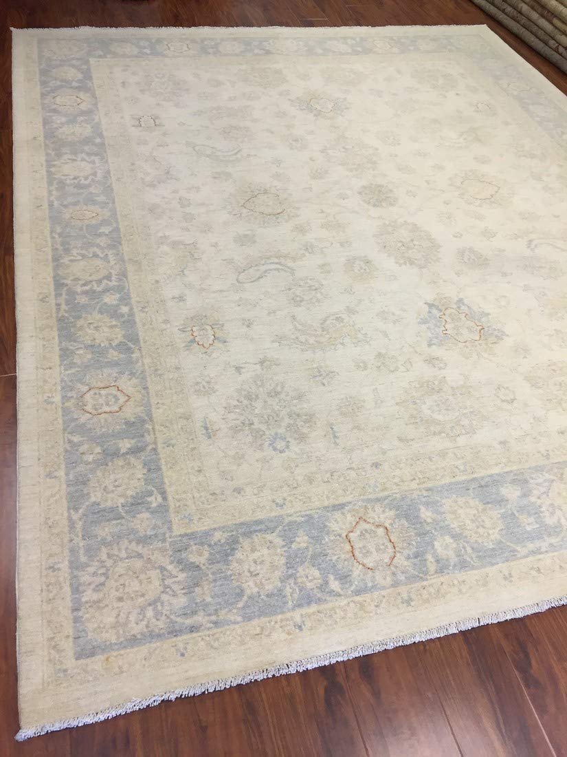 Authentic Handmade Pakistan Area Rug-Real Wool Allover Stone Washed-Ivory/Gray-(8 by 10 Feet)