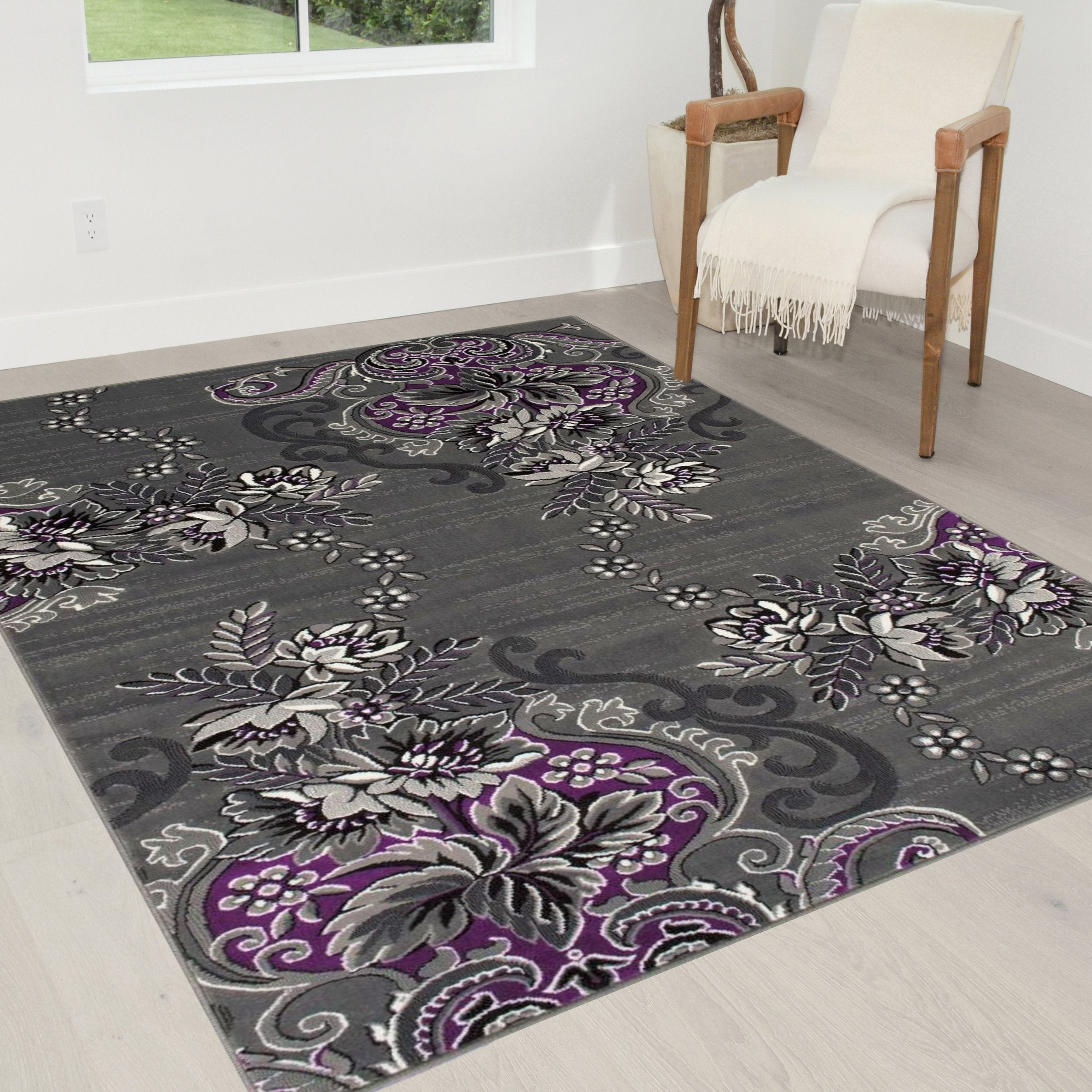 Purple/Grey/Silver/Black/Abstract Area Rug Modern Floral Rug