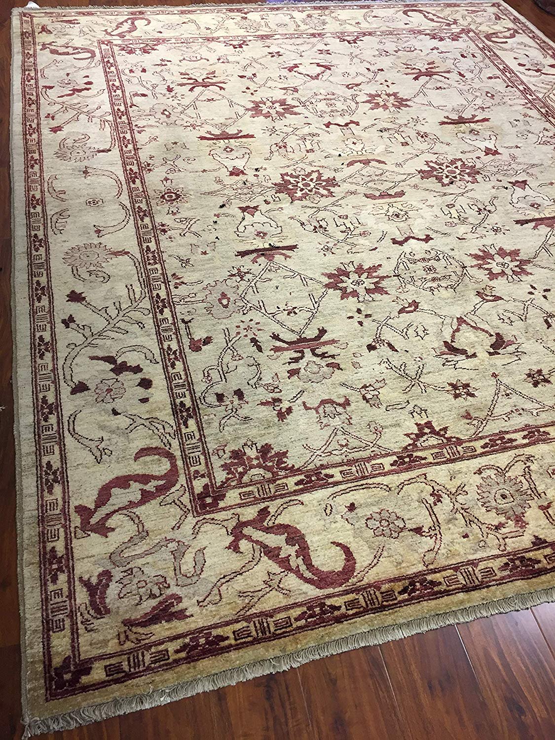 Authentic Handmade fine Pakistani Rug-Wool Allover/Floral Pattern-Light Olive/Beige-(8.3 by 9.10 Feet)