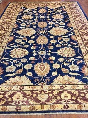Authentic Handmade fine Pakistan Rug-Real Wool Ziegler Pattern Stone Washed-Navy/Beige-(8.3 by 12 Feet)