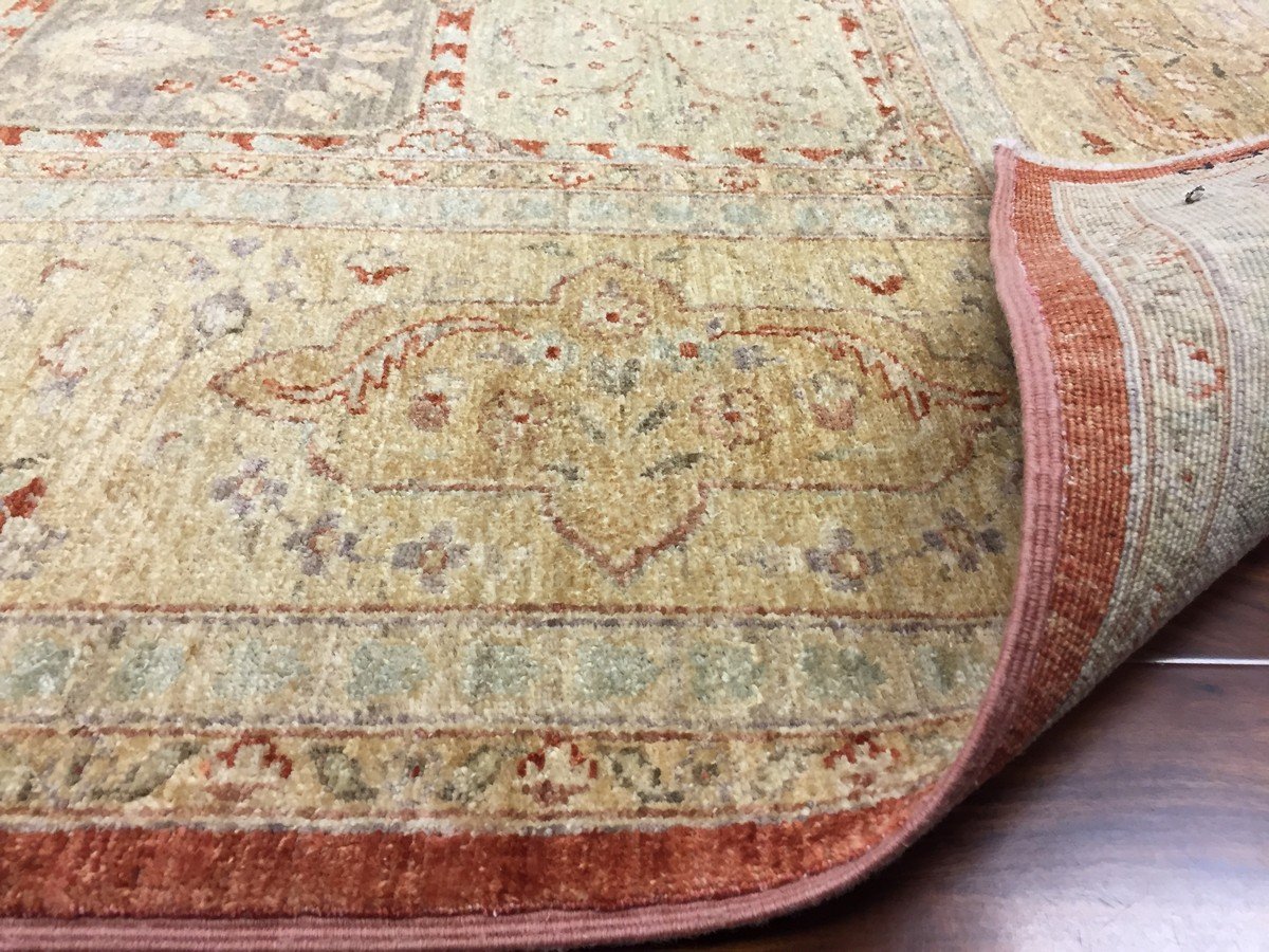 Authentic Handmade fine Pakistan Rug-Real Wool Ziegler/Geometric Pattern Faded/Vintage-Rust/Gold/Multi-(9 by 10.7 Feet)