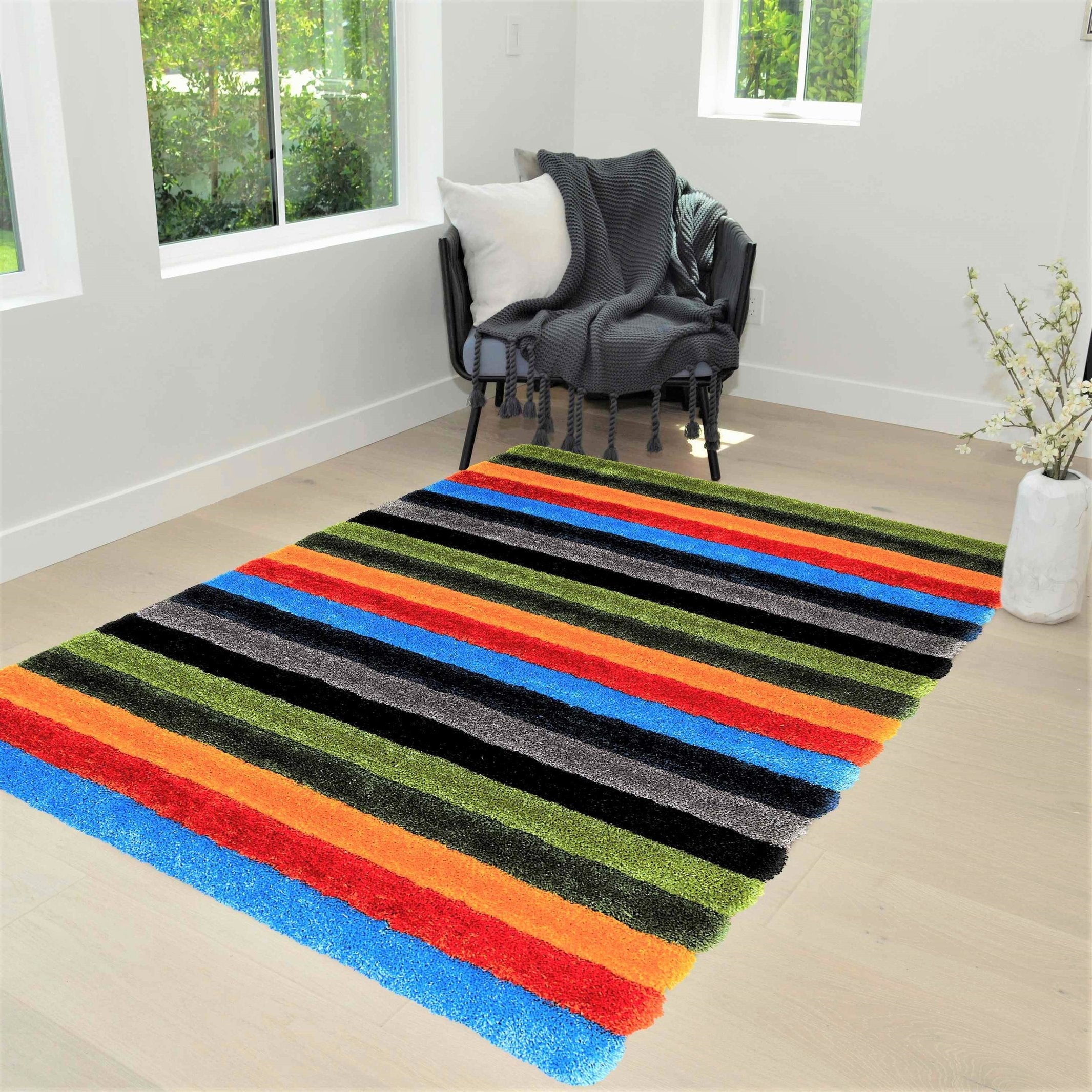 Colorful Rainbow shaggy rug Stripped 3-D Hand Curved