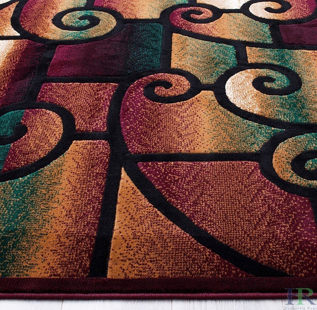 HR-Modern Living Room Rug-Abstract with Geometric Swirls Pattern-Burgundy/Beige/Ivory/Chocolate (1'96"x 3'3")