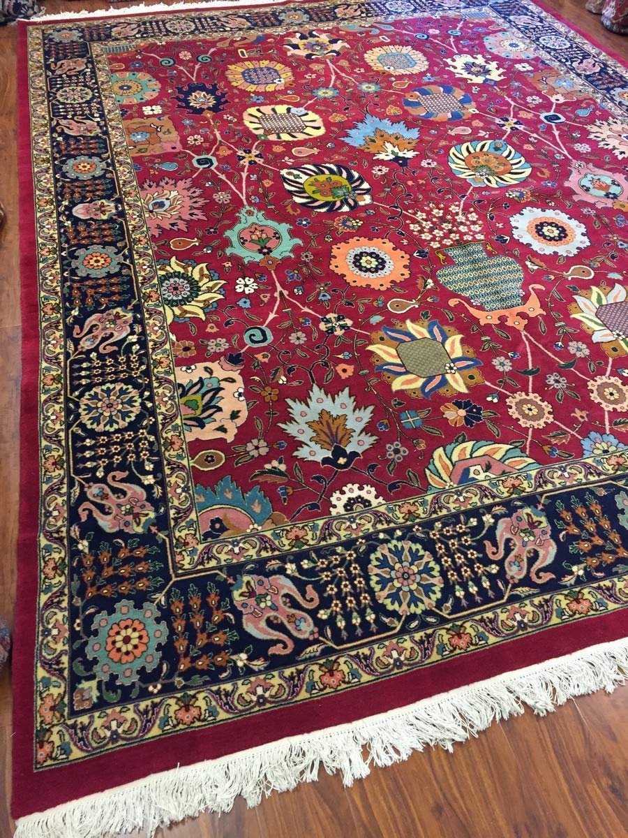 Hand Knotted Persian Tabriz Rug-Real Wool Allover Floral -Navy Blue/Red/Multi-(13 by 9.6 Feet)