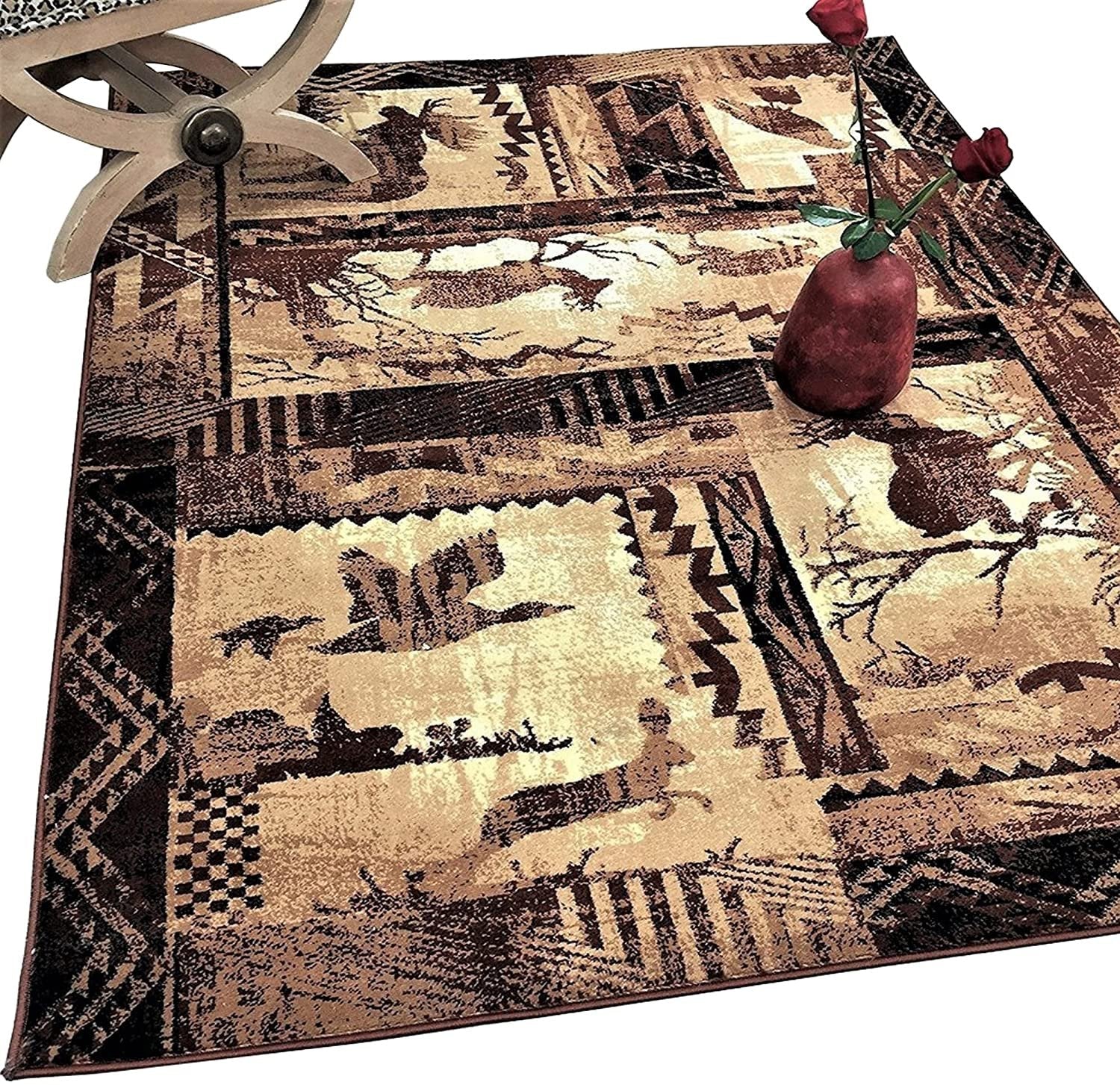 Lodge Cabin Nature and Animals Area Rug Nature Pattern Cabin Area Rugâ€“Abstract, Chocolate Brown/Beige-Rabbit/Deer/Moose/Birds