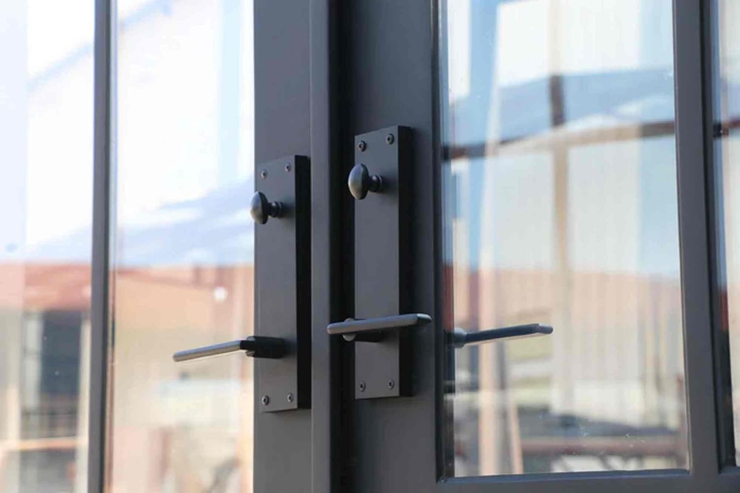 HR 72x81 Matte Black French Iron Double Door Made of Steel | 3-Lite with kickplate Left outswing Entryway | Complete with Handle and Lock | Modern Front View Design.