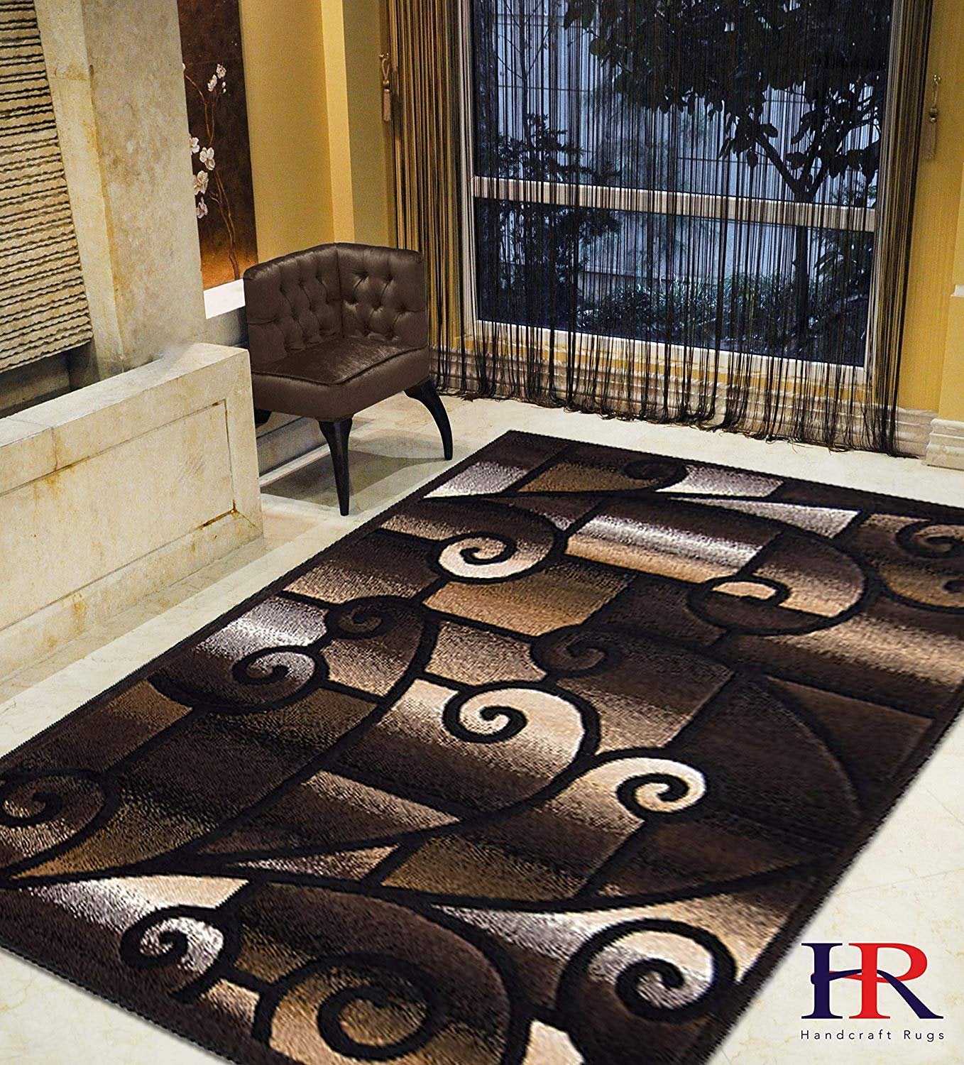 HR-Modern Living Room Rugs-Abstract Carpet with Geometric Swirls Pattern-Black/Beige/Ivory/Chocolate (1'96"x 3'3")