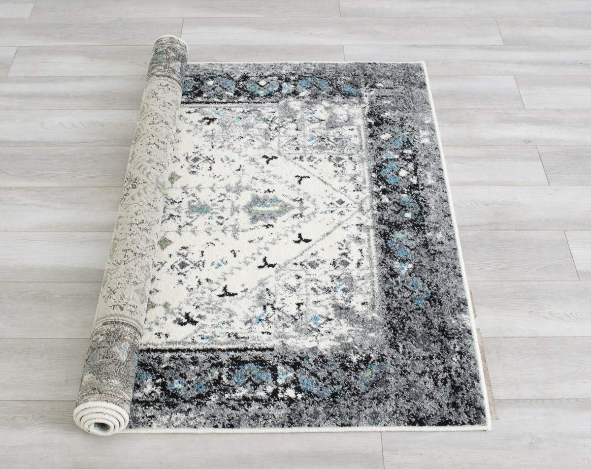 Turquoise/Black/White/Charcoal -Faded, Oriental Distressed Area Rug Vintage Persian Area Rug Abstract, Floral Kashan