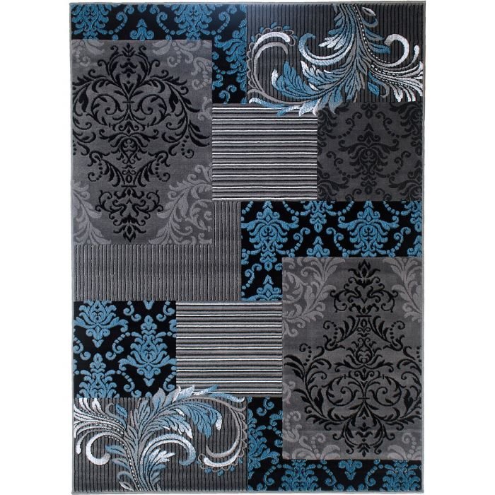 Blue Gray Silver Black Abstract Area Rug Modernpatchwork Pattern Frloral (5' x 7')