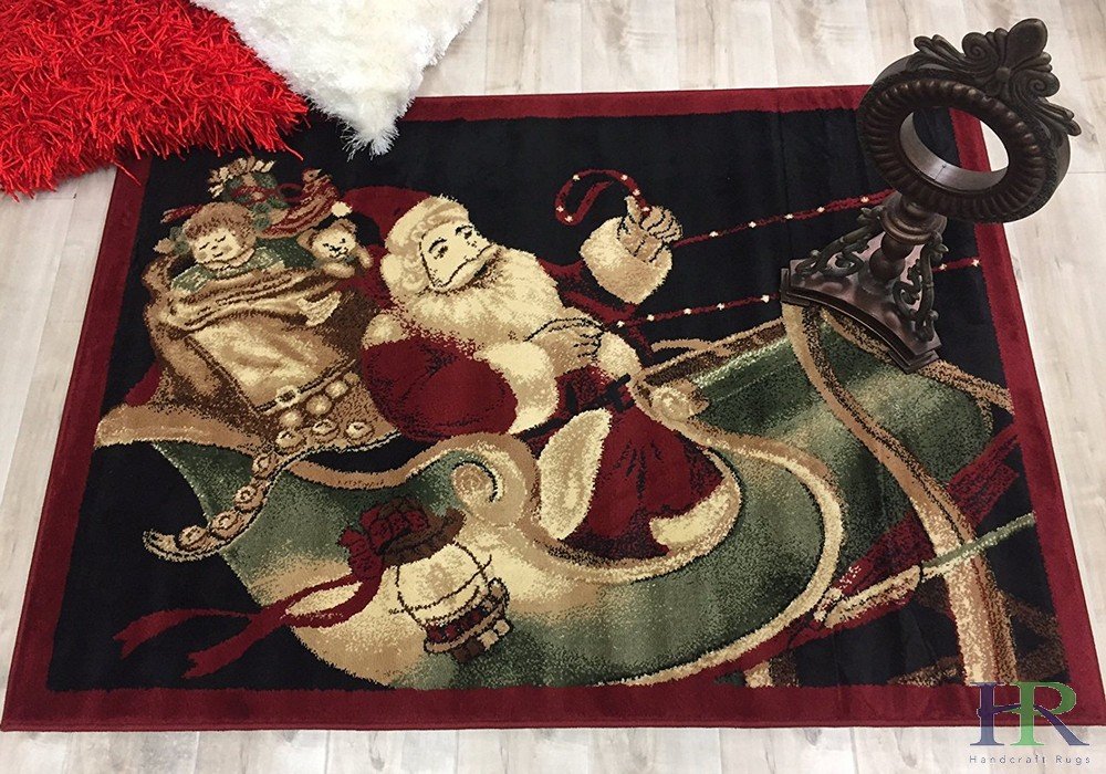 HR Santa on sled Rug Red Holiday Rugs (Approximately 3 ft. by 5 ft.)