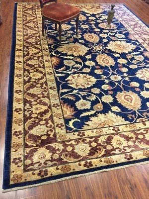 Authentic Handmade fine Pakistan Rug-Real Wool Ziegler Pattern Stone Washed-Navy/Beige-(8.3 by 12 Feet)