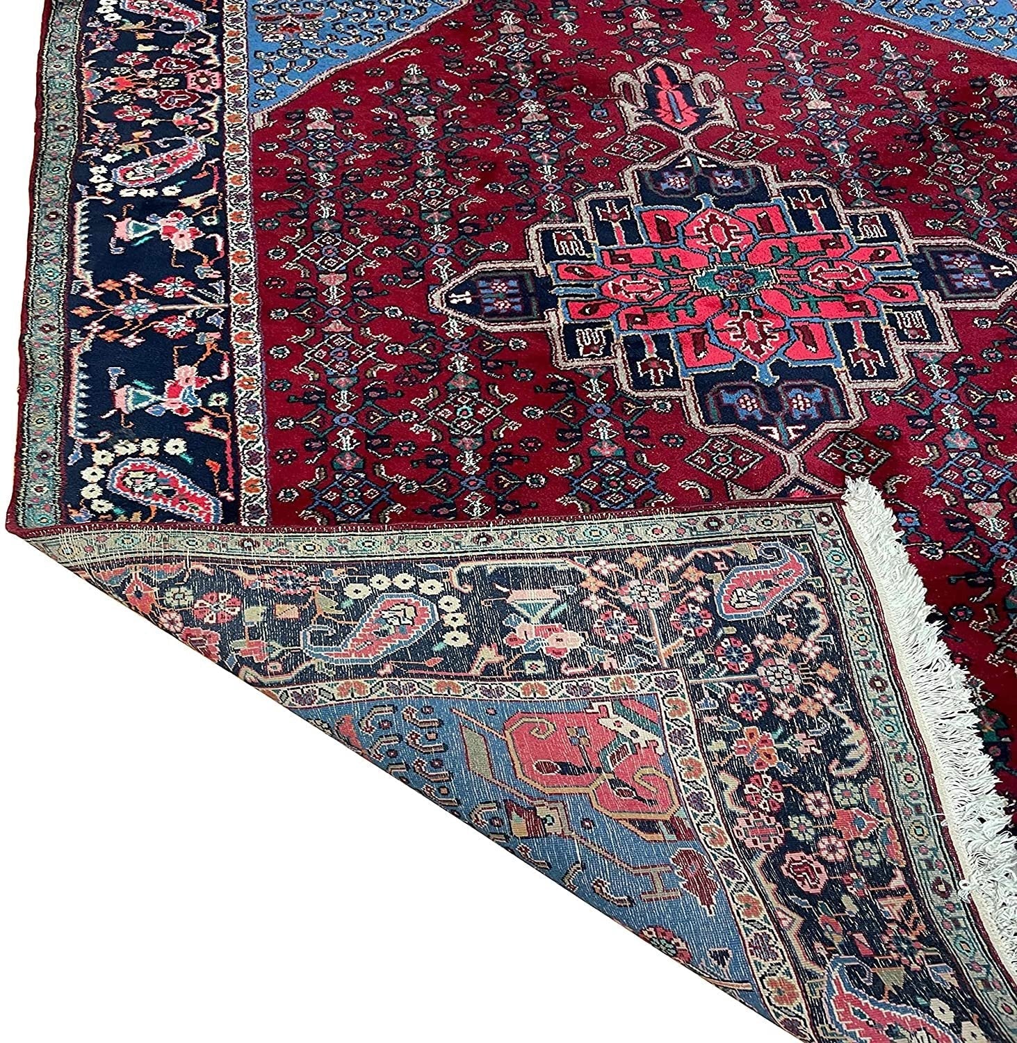 Authentic Handmade fine Turkish Rug-Real Wool Allover Floral Pattern Faded/Vintage-Red/Blue/Multocolor-(6.8" by 10.8")