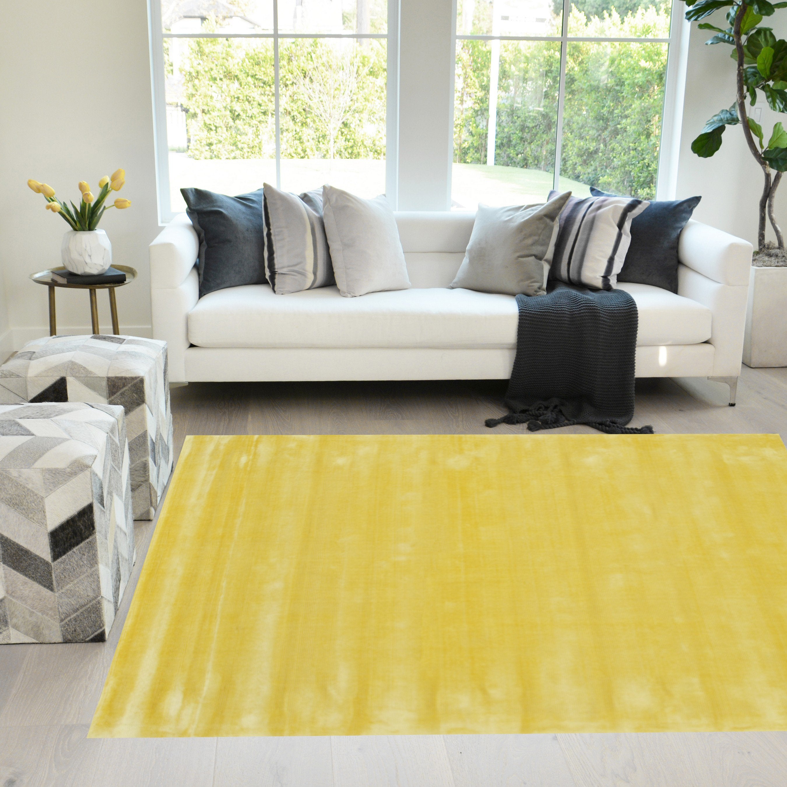 Canary Yellow Color Rugs Tencel Ultra-Soft Hand Knotted in India 9' X 12' Rugs for Dining Room